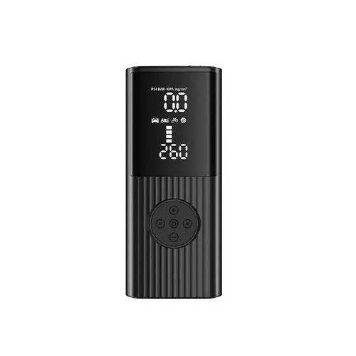 Wireless car tyre inflator pump with LED light, USB port, and storage bag with accessories.