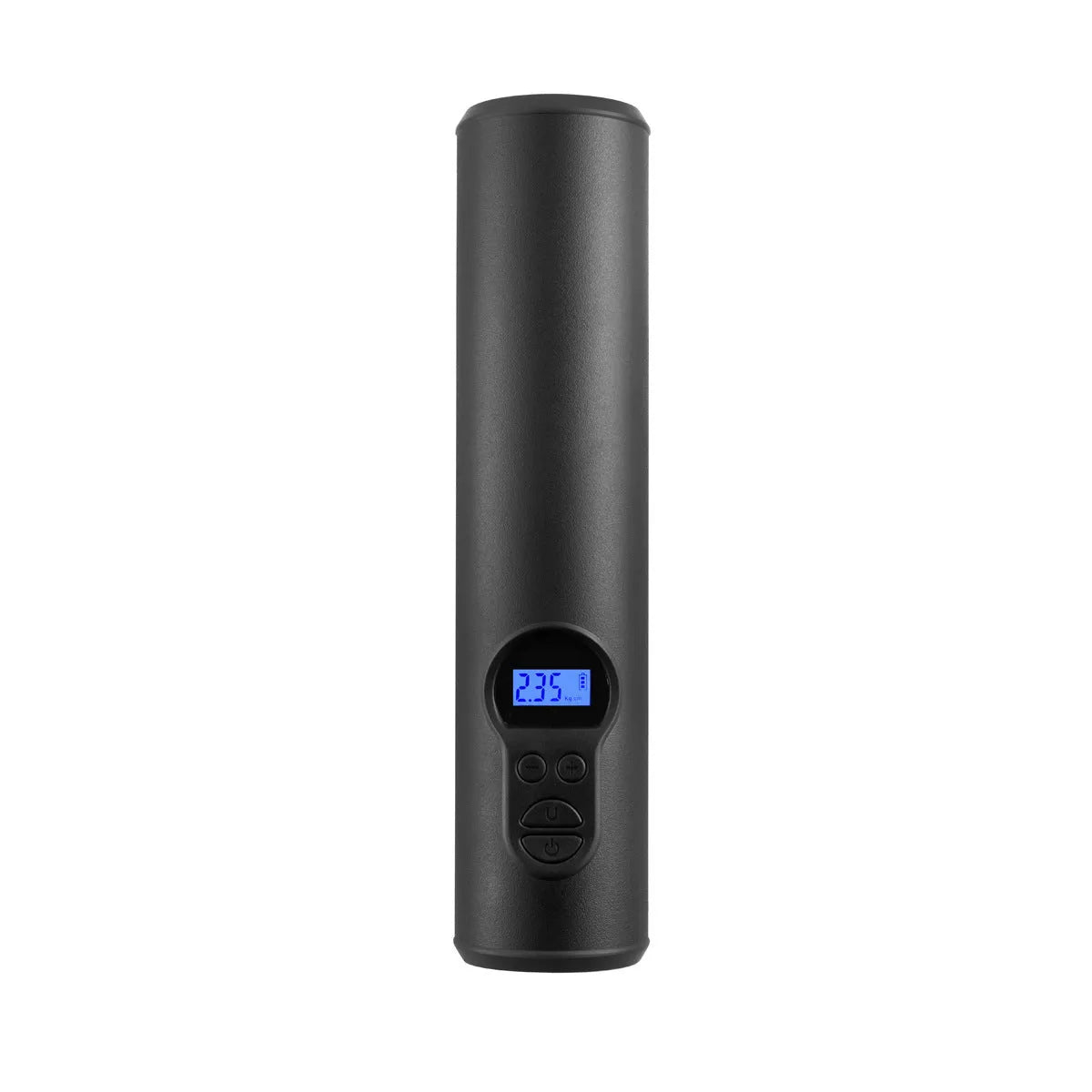 Wireless car tyre inflator pump with LED light, USB port, and storage bag with accessories.
