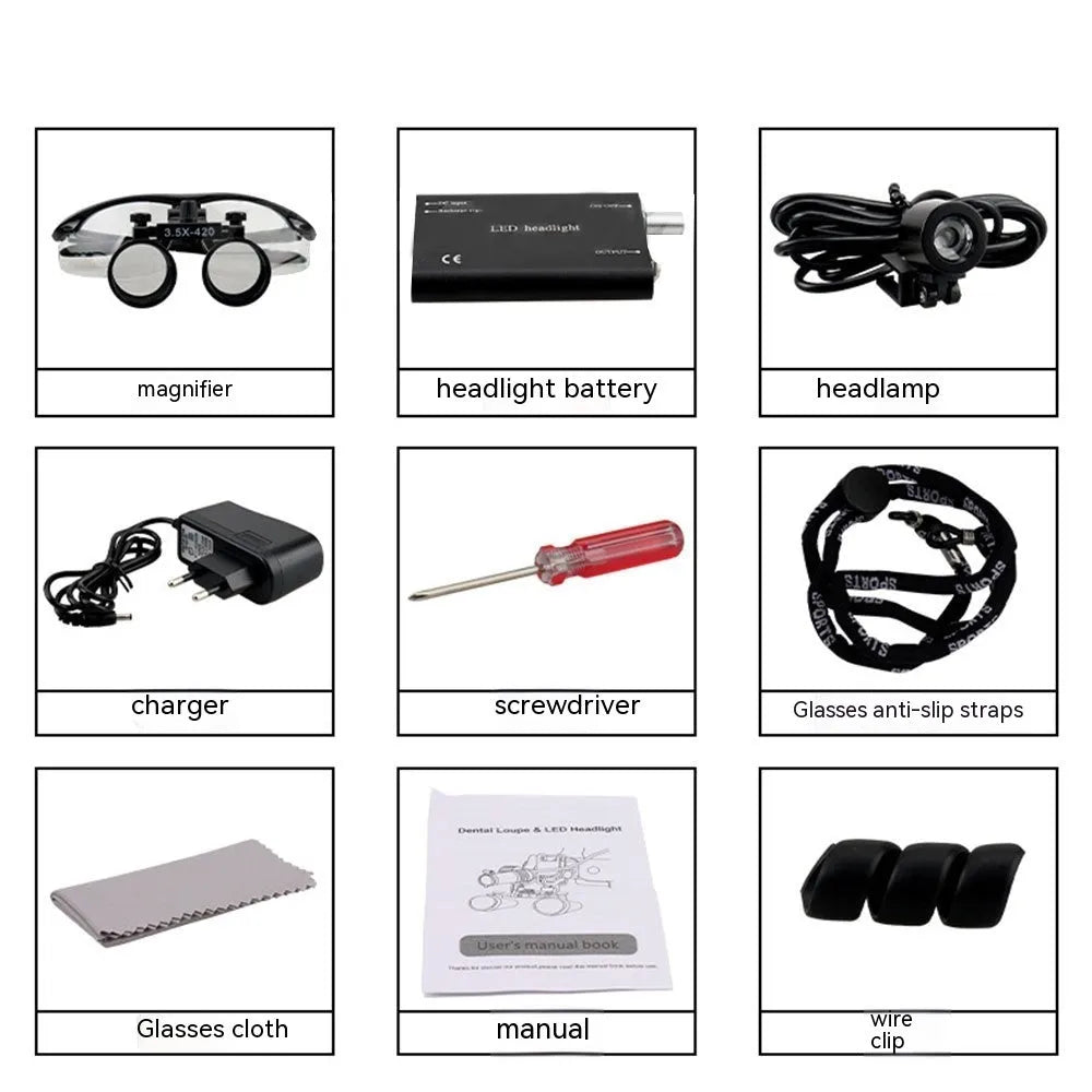 Black head-mounted dental magnifying glass with LED light, showing adjustable arms and large 420mm diameter lens