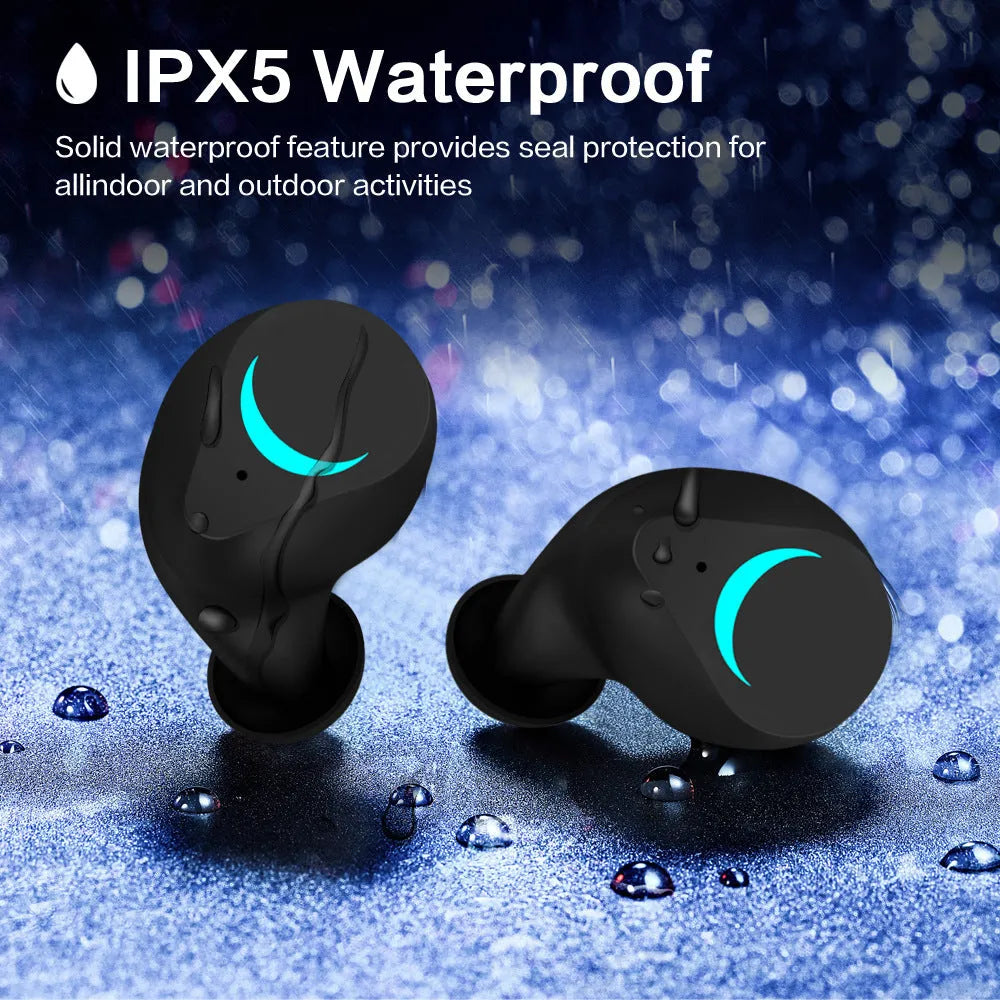 Black TWS Bluetooth wireless headset with earbuds for music and calls.
