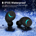 Black TWS Bluetooth wireless headset with earbuds for music and calls.