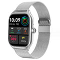 Bluetooth smart watch in gold, silver, or black with silicone strap, showing touch screen and health monitoring functions