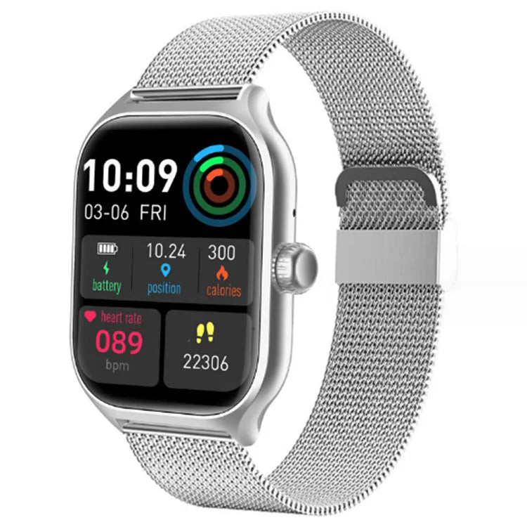 Bluetooth smart watch in gold, silver, or black with silicone strap, showing touch screen and health monitoring functions