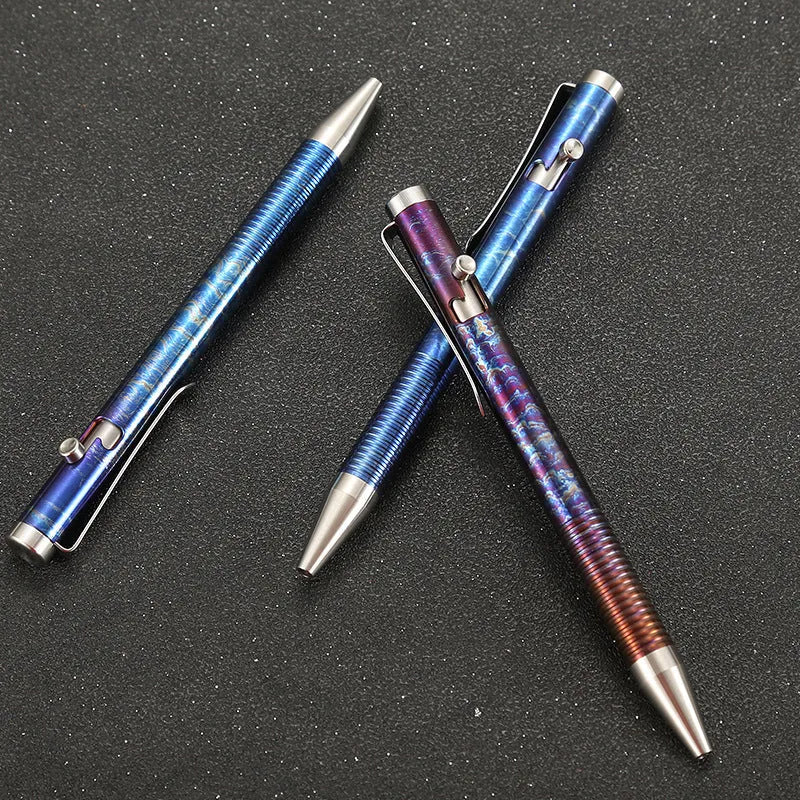 Titanium alloy bolt action pen with a colourful phantom finish and a gun-style bolt handle.