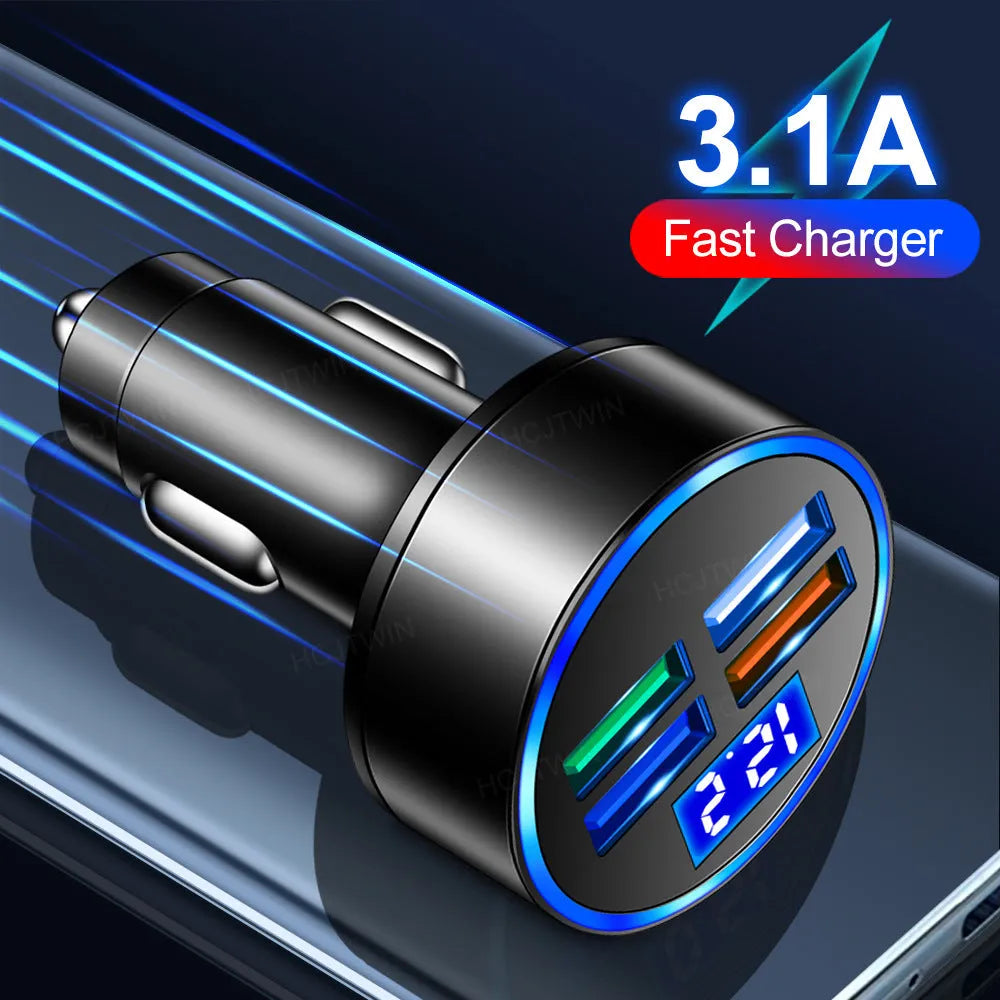 Black multi-port car charger for vehicle cigarette lighter with multiple USB ports