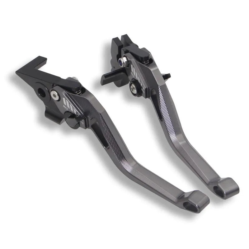Motorcycle metal clutch lever and pull rod in two-finger design, shown in multiple colour options.