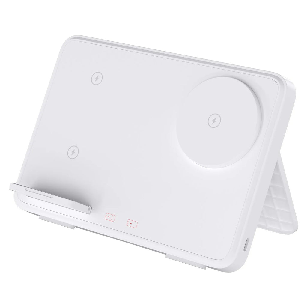 15W three-in-one wireless charger in Black or Ivory White, 184x21.5x130mm, with magnetic charging and QC3.0.
