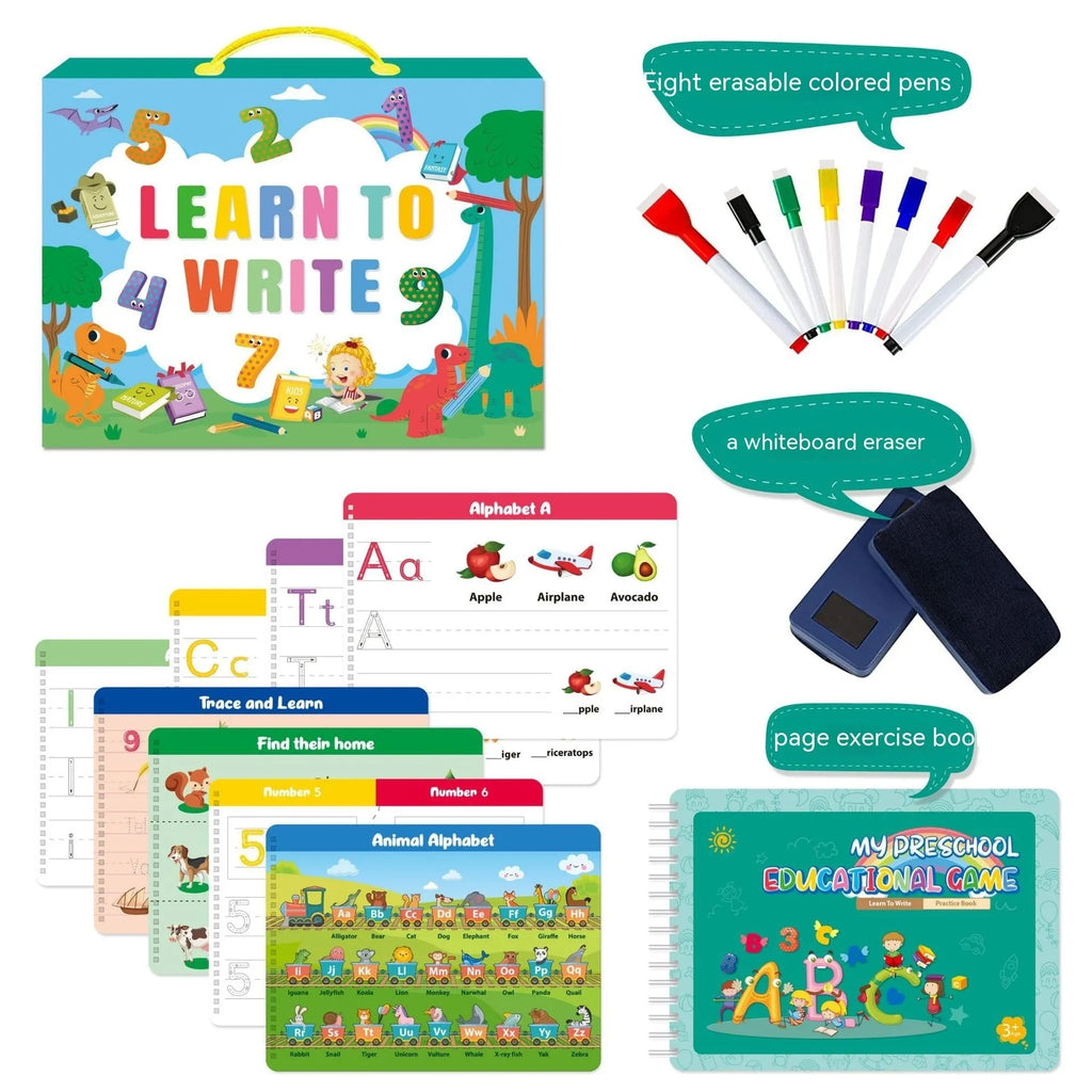 Montessori children's handwriting practice book set with erasable pens and reward stickers in gift box