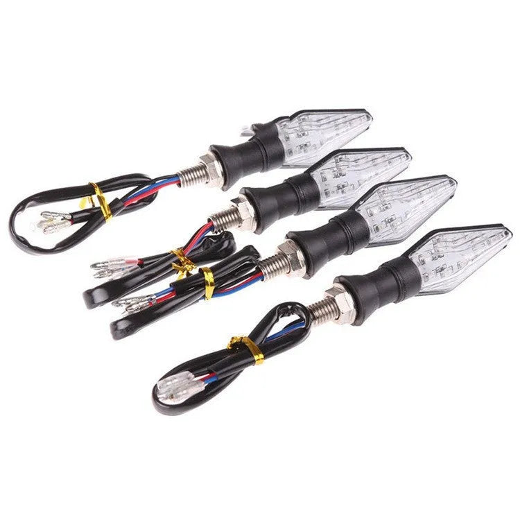 Motorcycle turn signal lights with plastic LED construction showing yellow and blue illumination