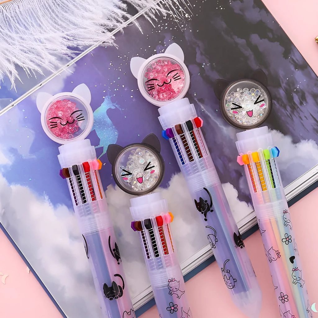Cute cat design ten-colour push-type student pen with 0.5mm nib and 15cm length
