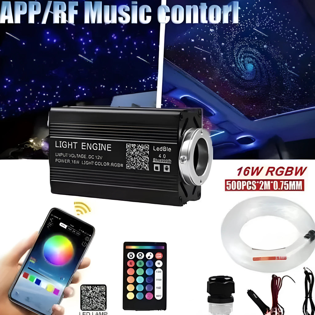 Car LED fibre optic cable set with 12V single-hole light source machine, optical fibre strands, remote control, and cigarette lighter plug.
