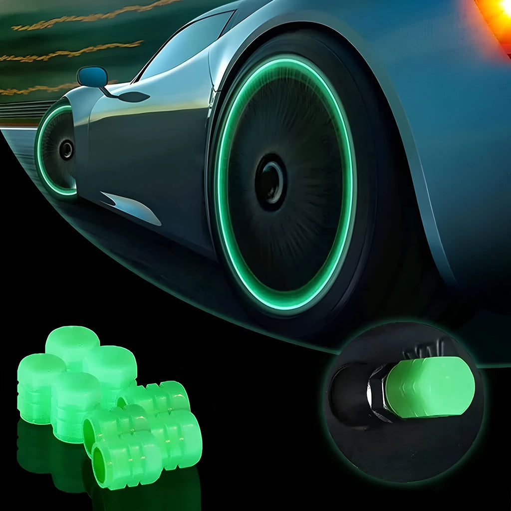 Pack of luminous rubber tyre valve caps glowing in green, blue, red, yellow, and pink colours.