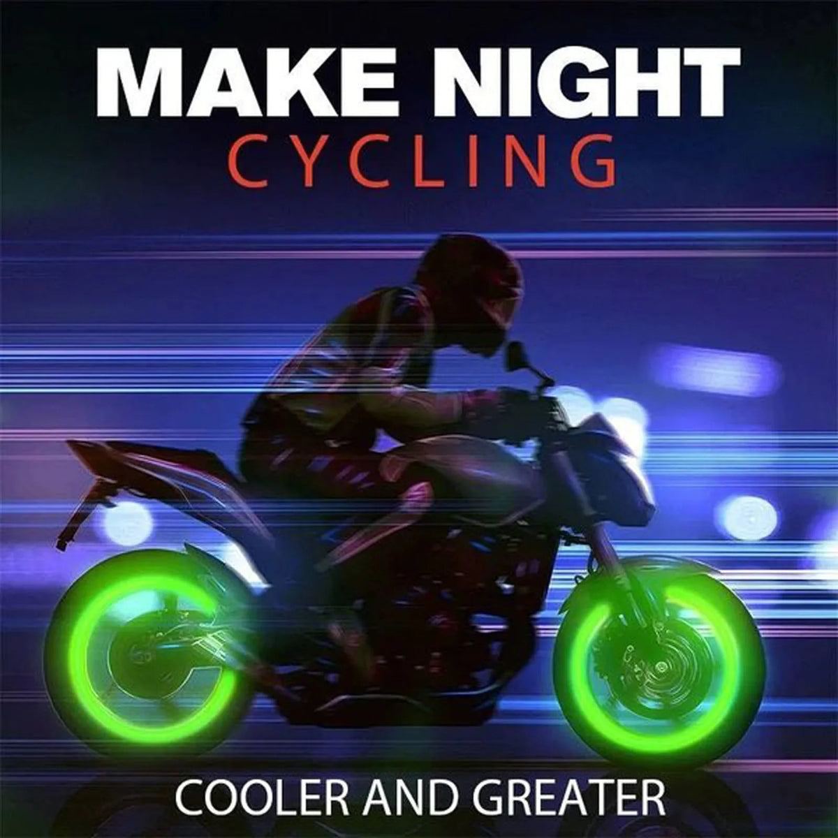 Pack of luminous rubber tyre valve caps glowing in green, blue, red, yellow, and pink colours.