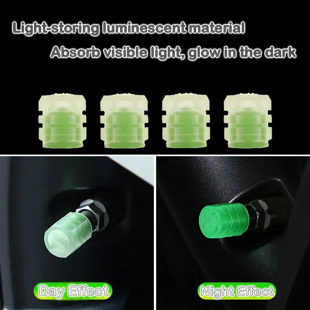 Pack of luminous rubber tyre valve caps glowing in green, blue, red, yellow, and pink colours.