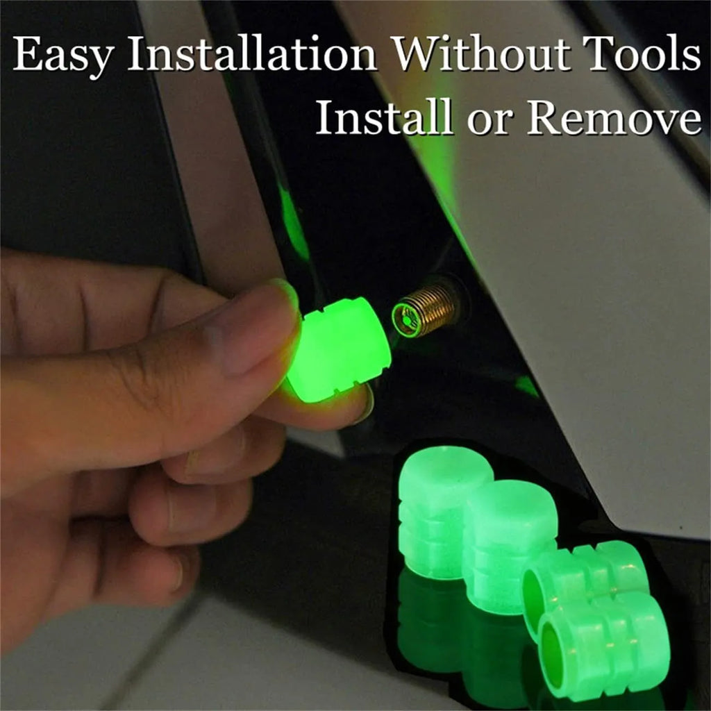 Pack of luminous rubber tyre valve caps glowing in green, blue, red, yellow, and pink colours.