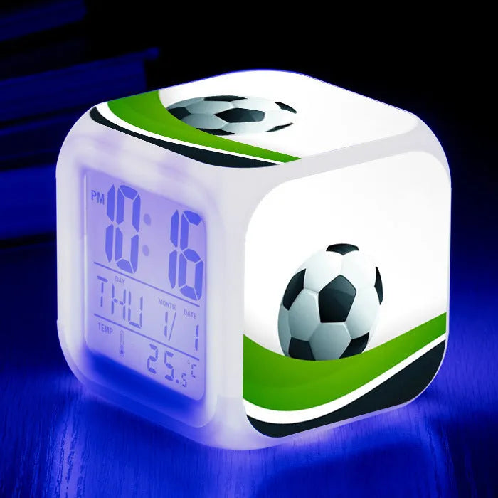 Football pattern square alarm clock with cartoon design for children's bedrooms