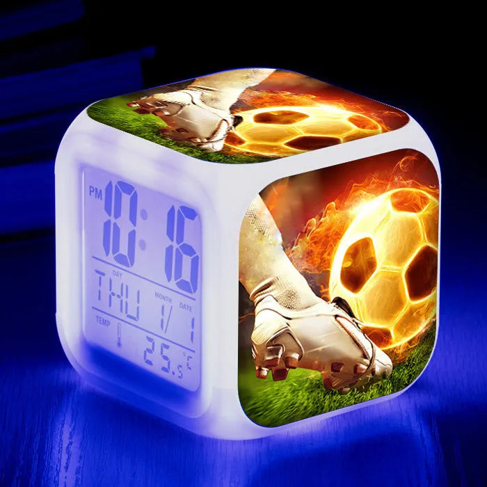 Football pattern square alarm clock with cartoon design for children's bedrooms