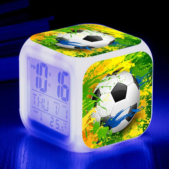 Football pattern square alarm clock with cartoon design for children's bedrooms