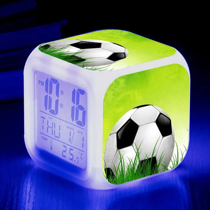 Football pattern square alarm clock with cartoon design for children's bedrooms