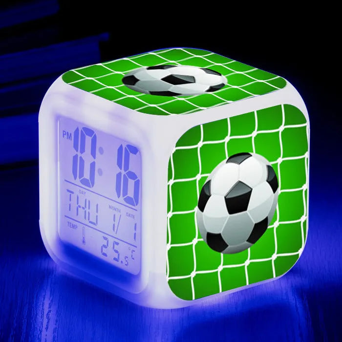 Football pattern square alarm clock with cartoon design for children's bedrooms