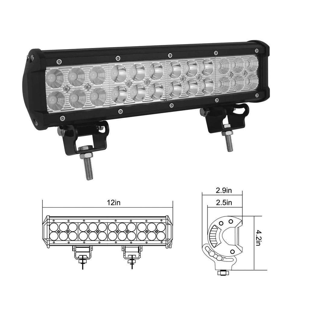 Black aluminium alloy dual row 72W LED roof light bar for off-road vehicles with a grille mount.
