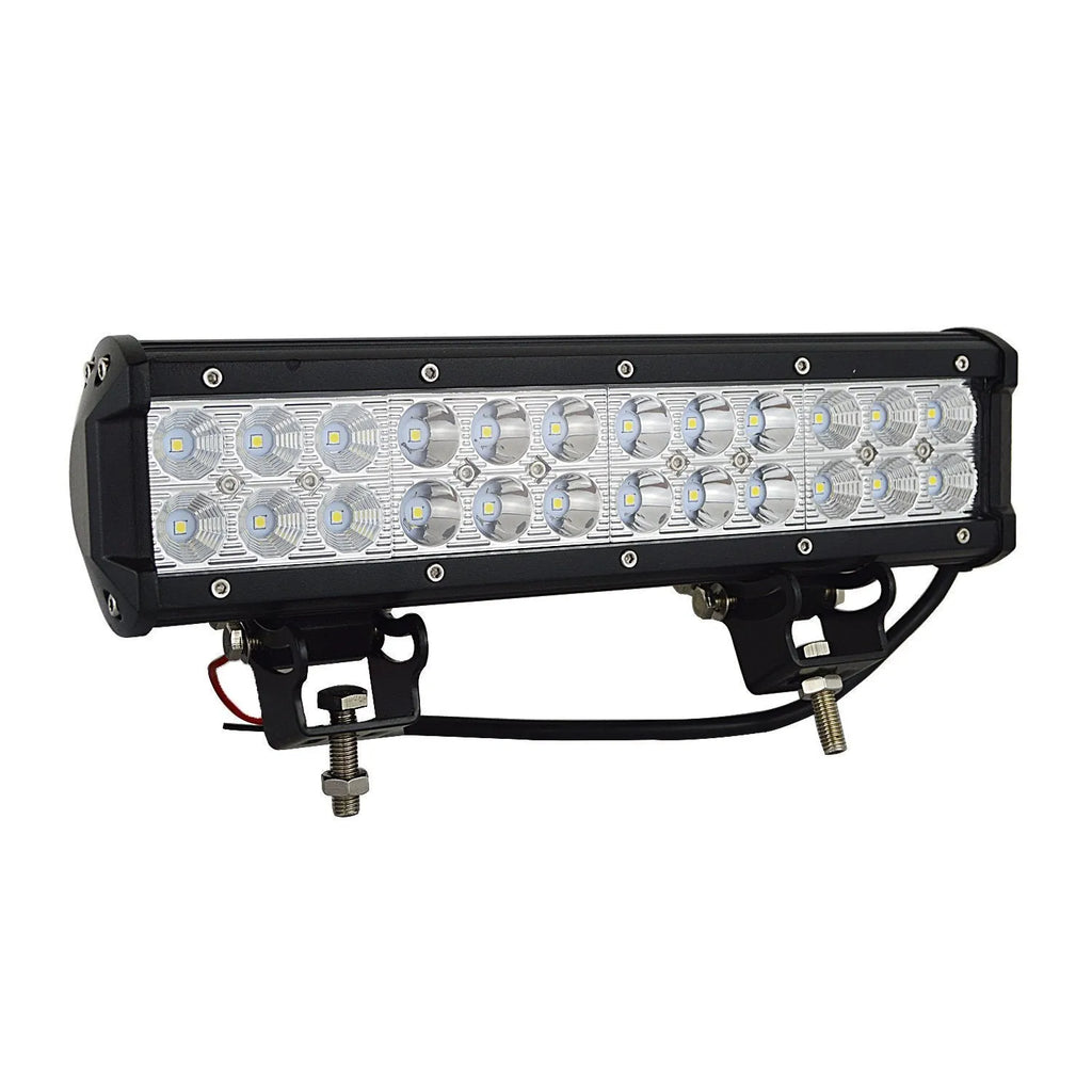 Black aluminium alloy dual row 72W LED roof light bar for off-road vehicles with a grille mount.