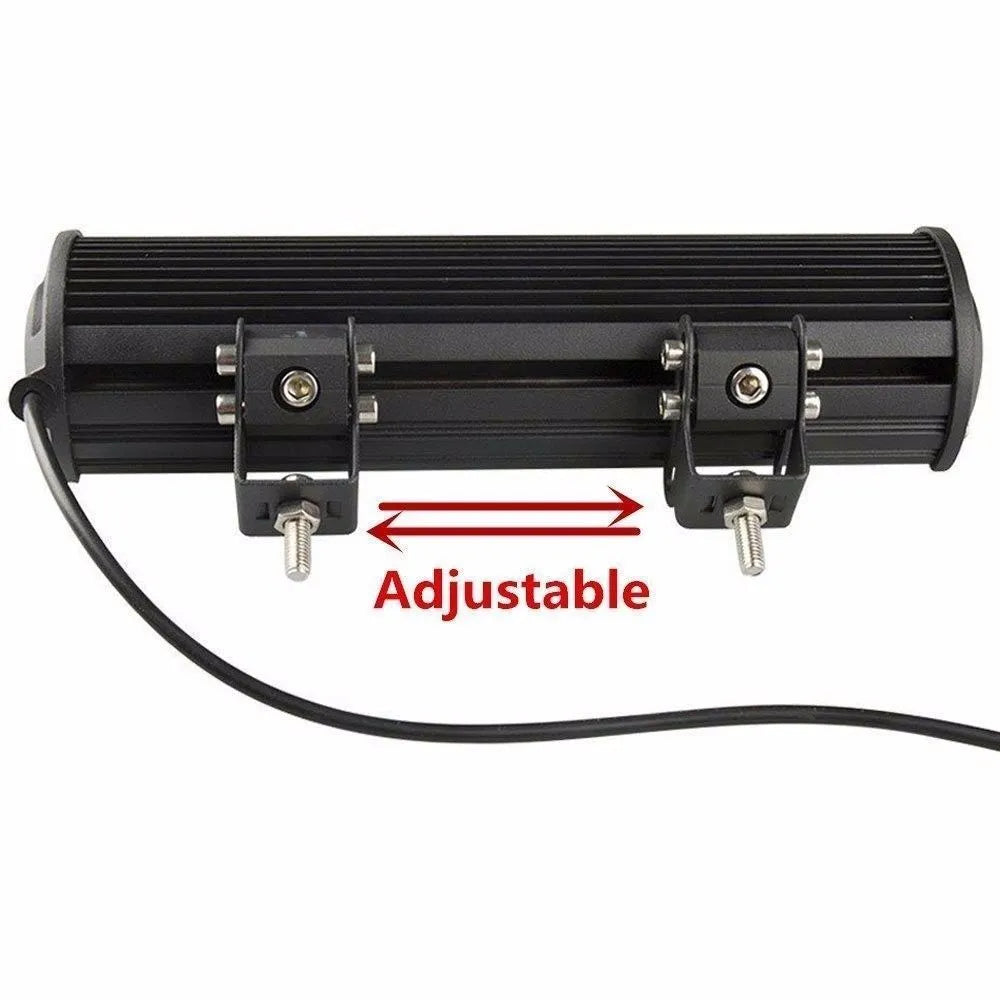 Black aluminium alloy dual row 72W LED roof light bar for off-road vehicles with a grille mount.