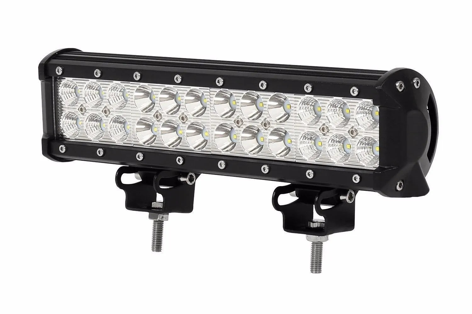 Black aluminium alloy dual row 72W LED roof light bar for off-road vehicles with a grille mount.