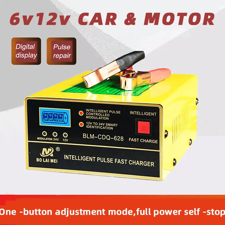 BT 168 model 12V and 24V portable automobile battery charger with American plug for lead acid batteries.