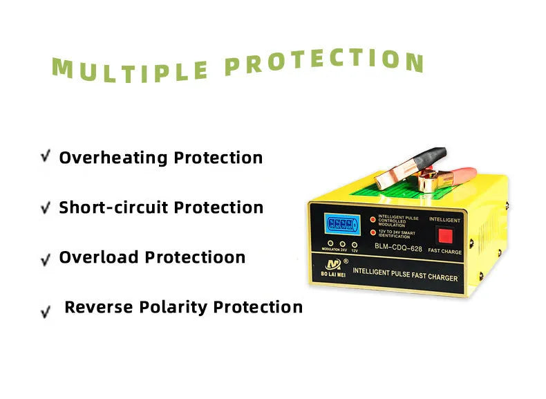 BT 168 model 12V and 24V portable automobile battery charger with American plug for lead acid batteries.