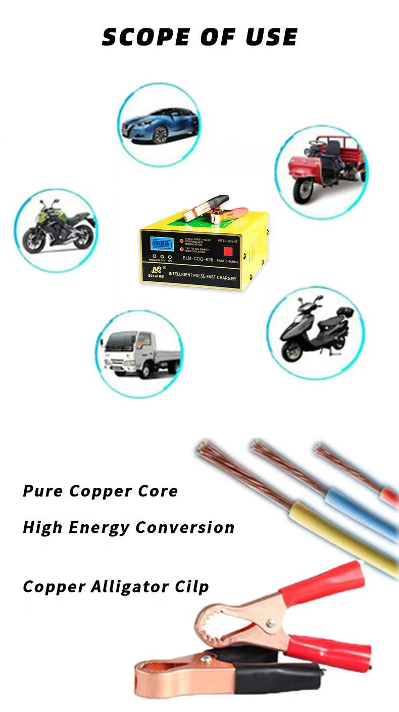 BT 168 model 12V and 24V portable automobile battery charger with American plug for lead acid batteries.