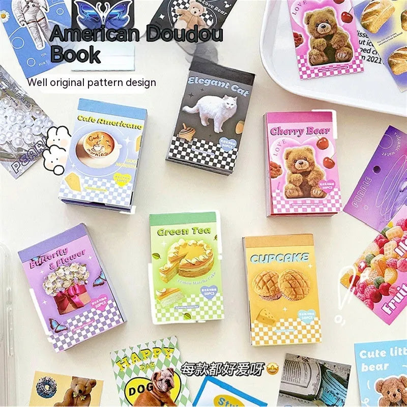 American retro journal sticker book showing 4x6cm cartoon designs in six colours on copper board paper