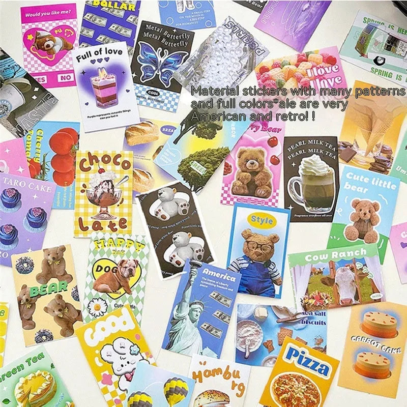 American retro journal sticker book showing 4x6cm cartoon designs in six colours on copper board paper