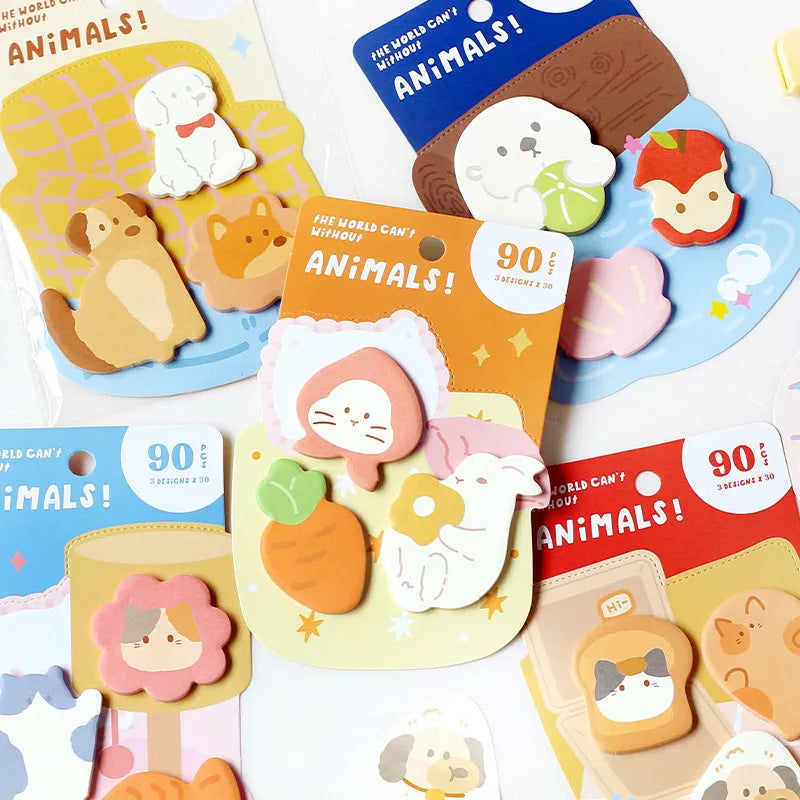 Small animal shaped sticky note set showing six cover designs with 90 pages for memos