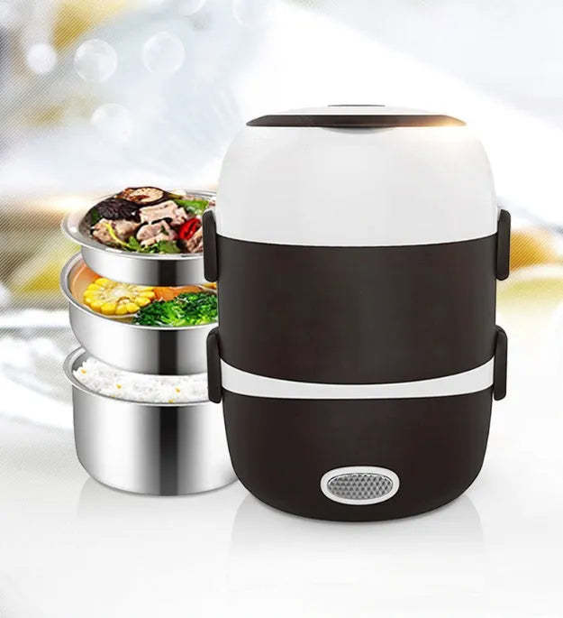 White plastic lunch box with multiple layers showing USB power port and heating function indicator
