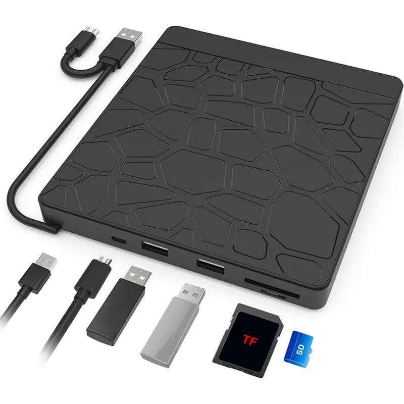 Black external optical drive with dual USB connectors for notebook computers