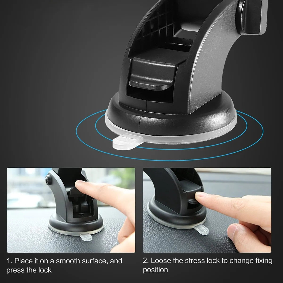 Yellow and black car phone holder with telescopic arm and suction cup on a dashboard