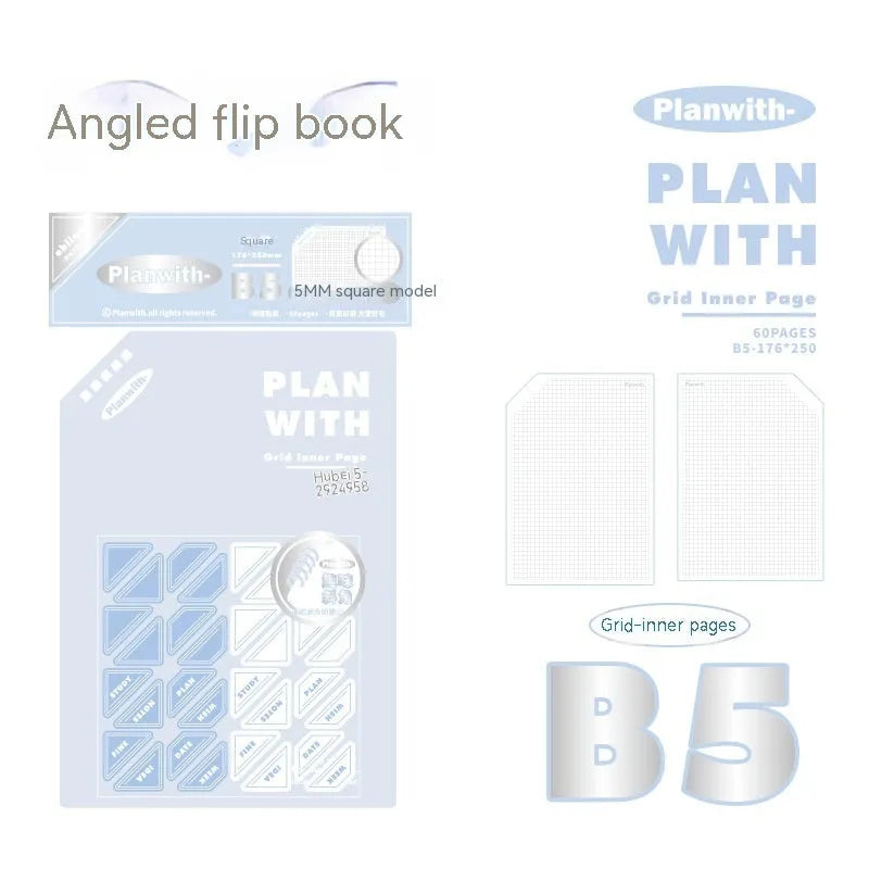 Oblique Angle artsy Ins style student draft notebook with 60 sheets, white or plaid blue cover, A5 or B5 size