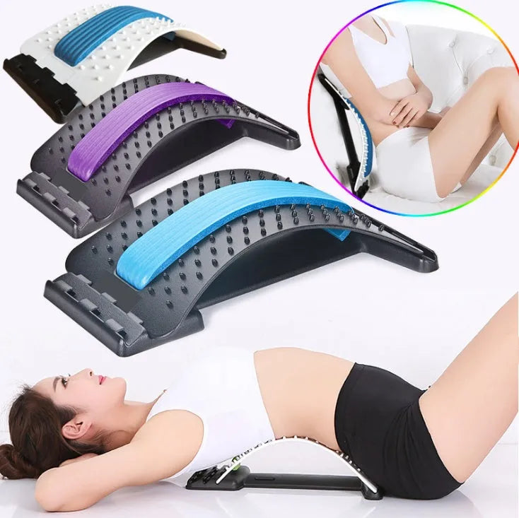Lumbar back stretcher with magnetic points and adjustable stretch in ABS and NBR, folded for storage