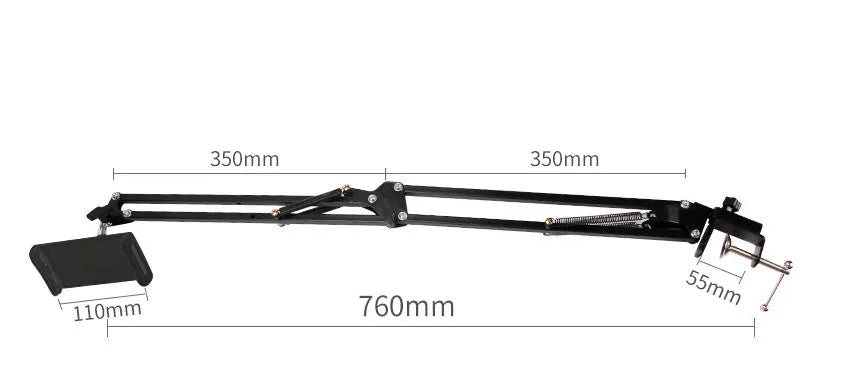 Black adjustable phone and tablet stand on a desk, measuring 10cm in height.