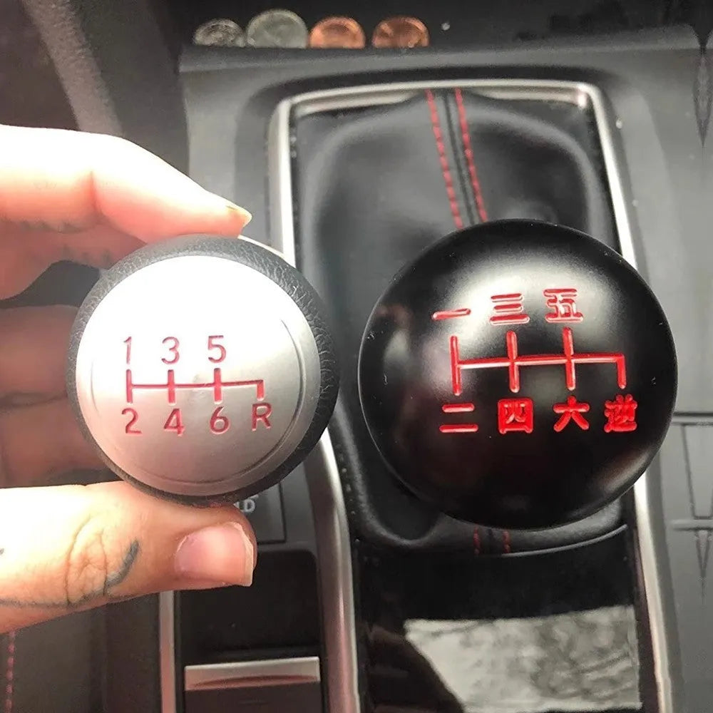 Aluminium alloy round car gear shift head for universal modification, showing style finish options.