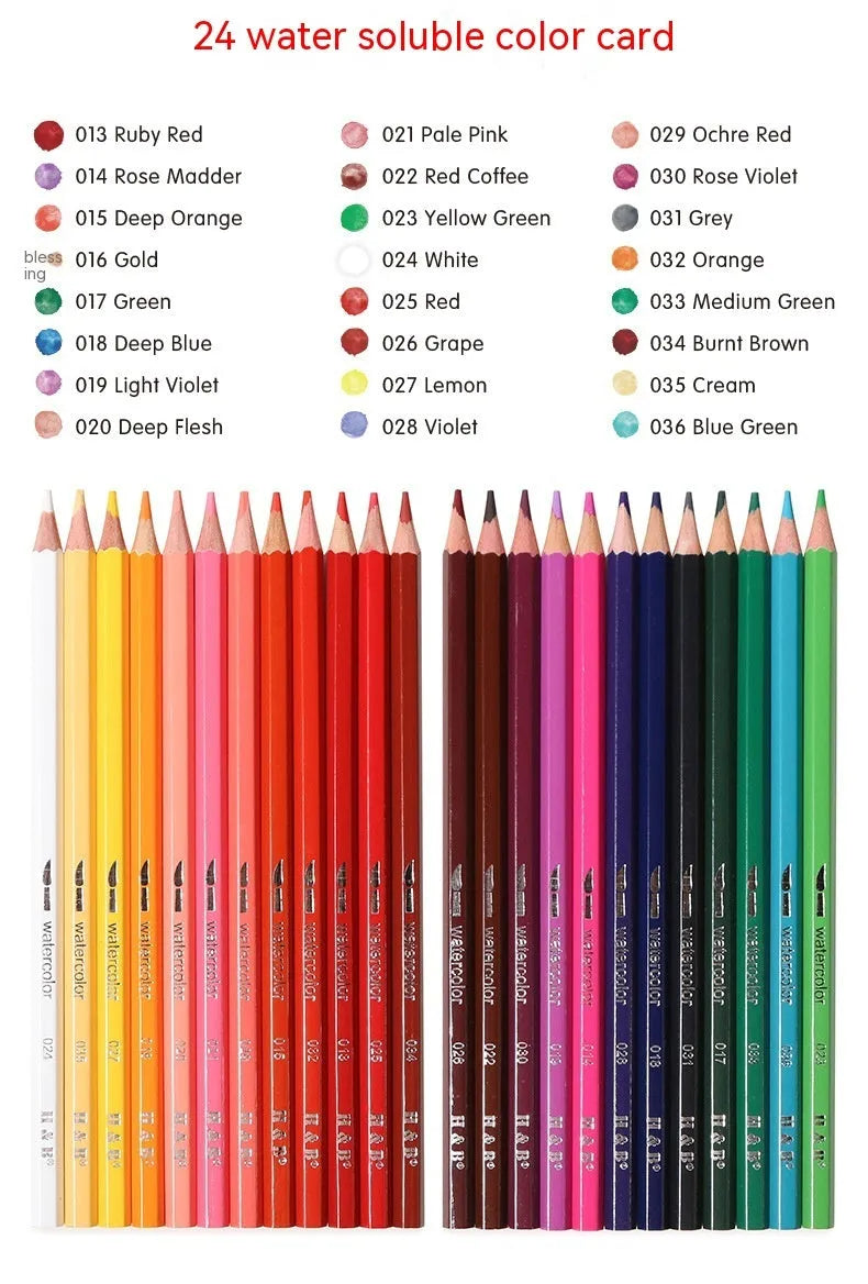 Metal tin box open to show 24 water-soluble coloured pencils in wooden casings.
