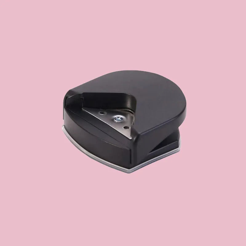 Business card corner cutter tool in black, blue, or pink with plastic and metal construction