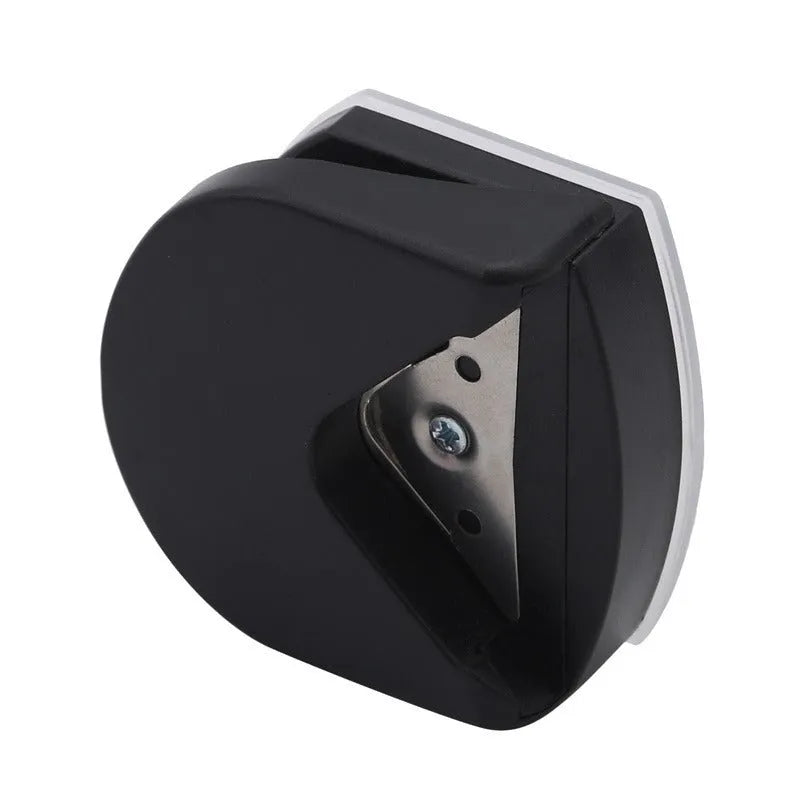 Business card corner cutter tool in black, blue, or pink with plastic and metal construction
