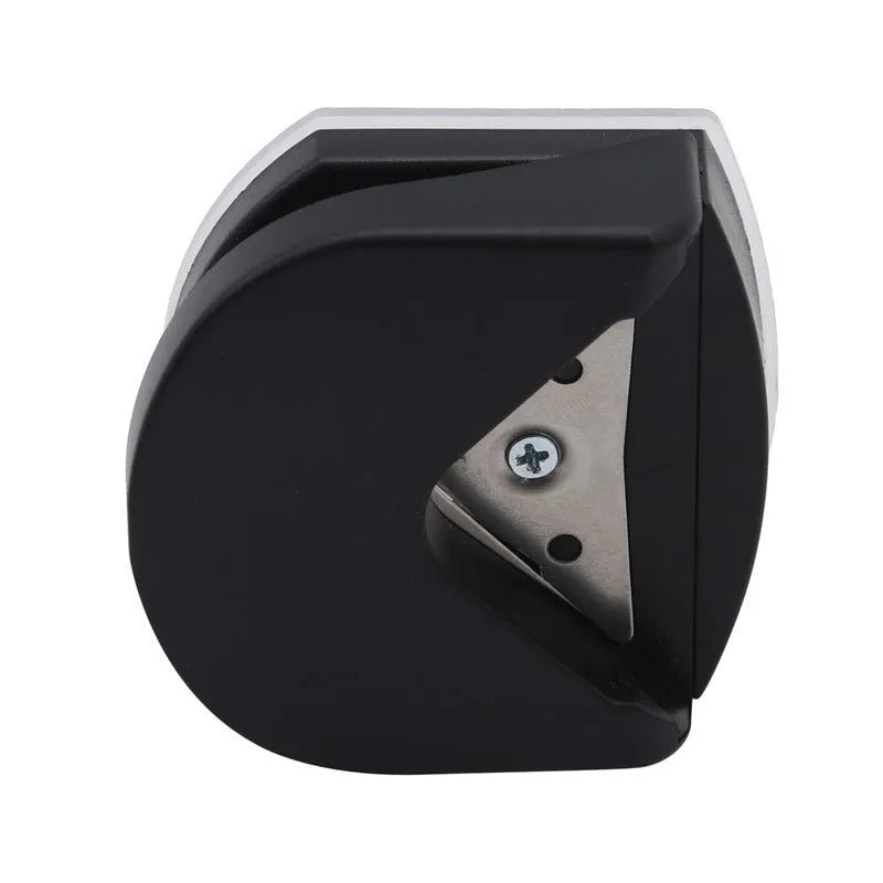 Business card corner cutter tool in black, blue, or pink with plastic and metal construction
