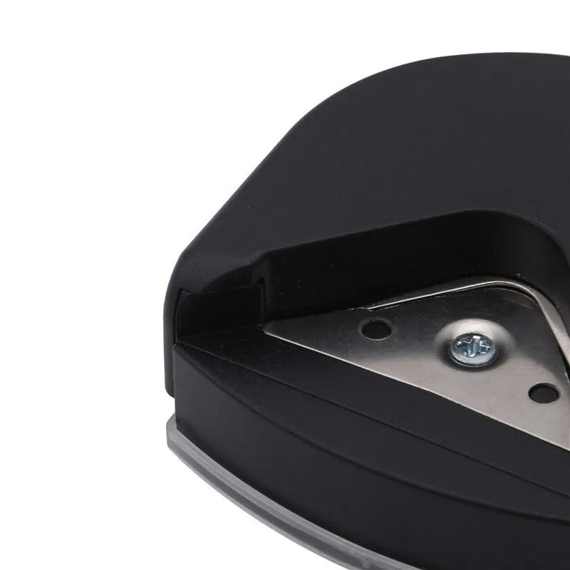 Business card corner cutter tool in black, blue, or pink with plastic and metal construction