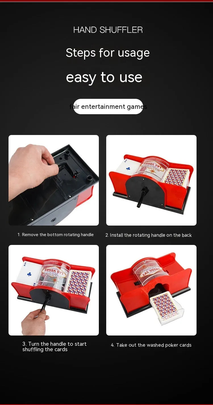 Black manual card shuffler with hand crank on a table next to playing cards.