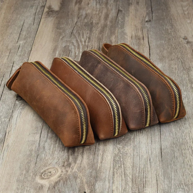 Genuine cowhide leather rectangular glasses and pencil case with a zipper in black, brown, dark brown, or yellow.
