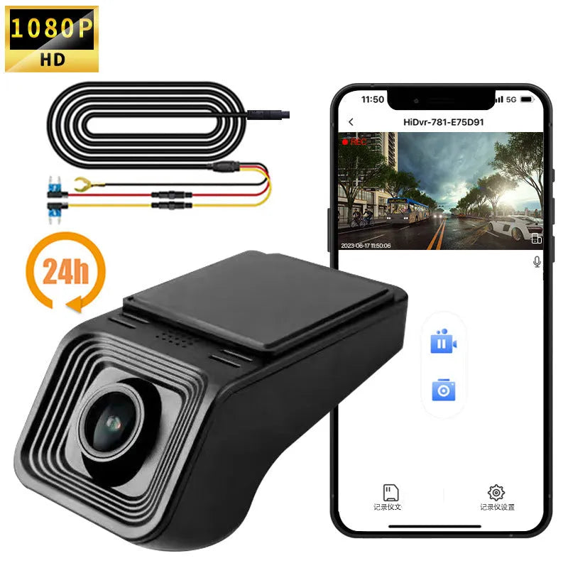 1080p HD night vision car dash camera with mobile app control and parking surveillance mode