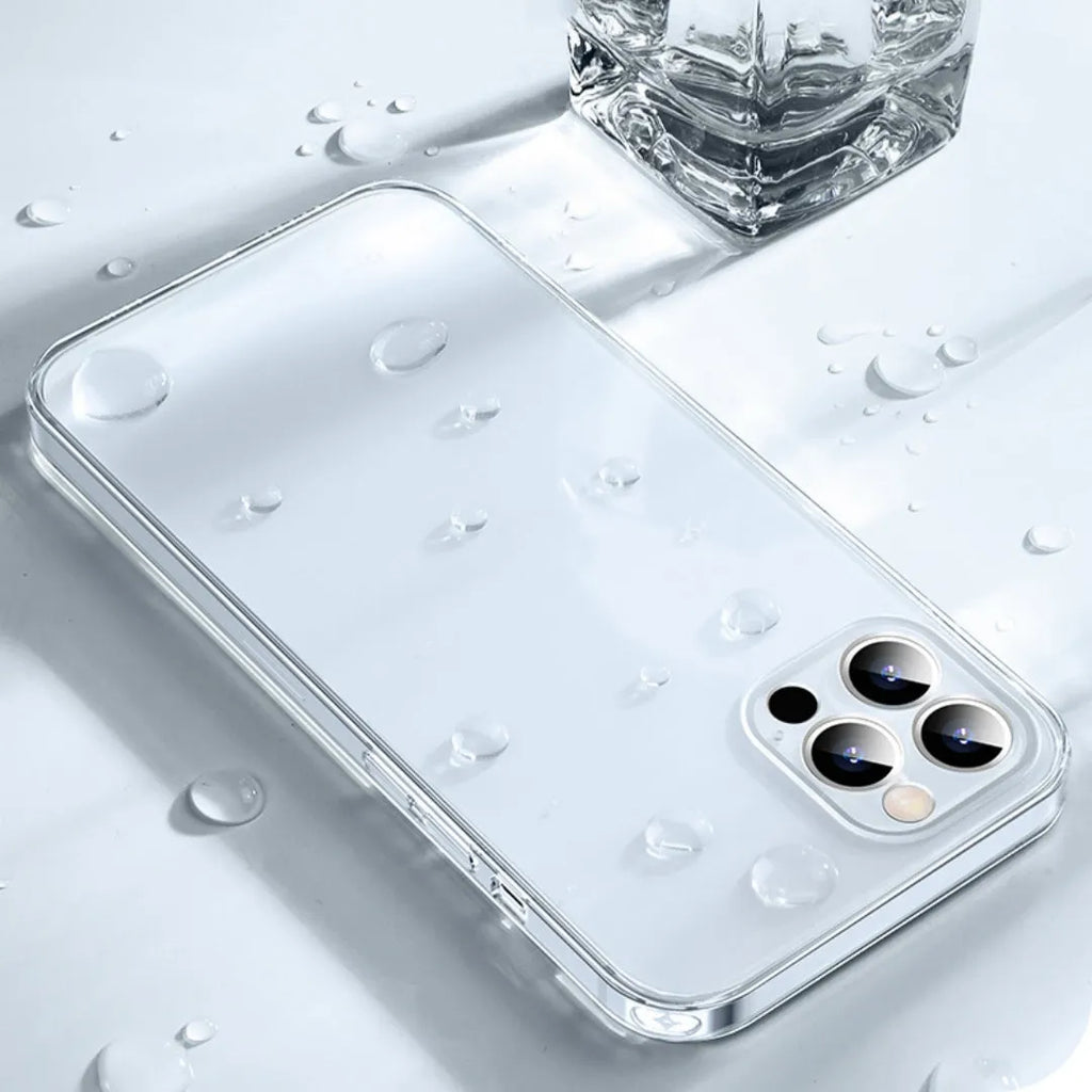 Transparent TPU phone case for iPhone, soft back cover, clear design, compatible with iPhone 11 to 15 and older models.